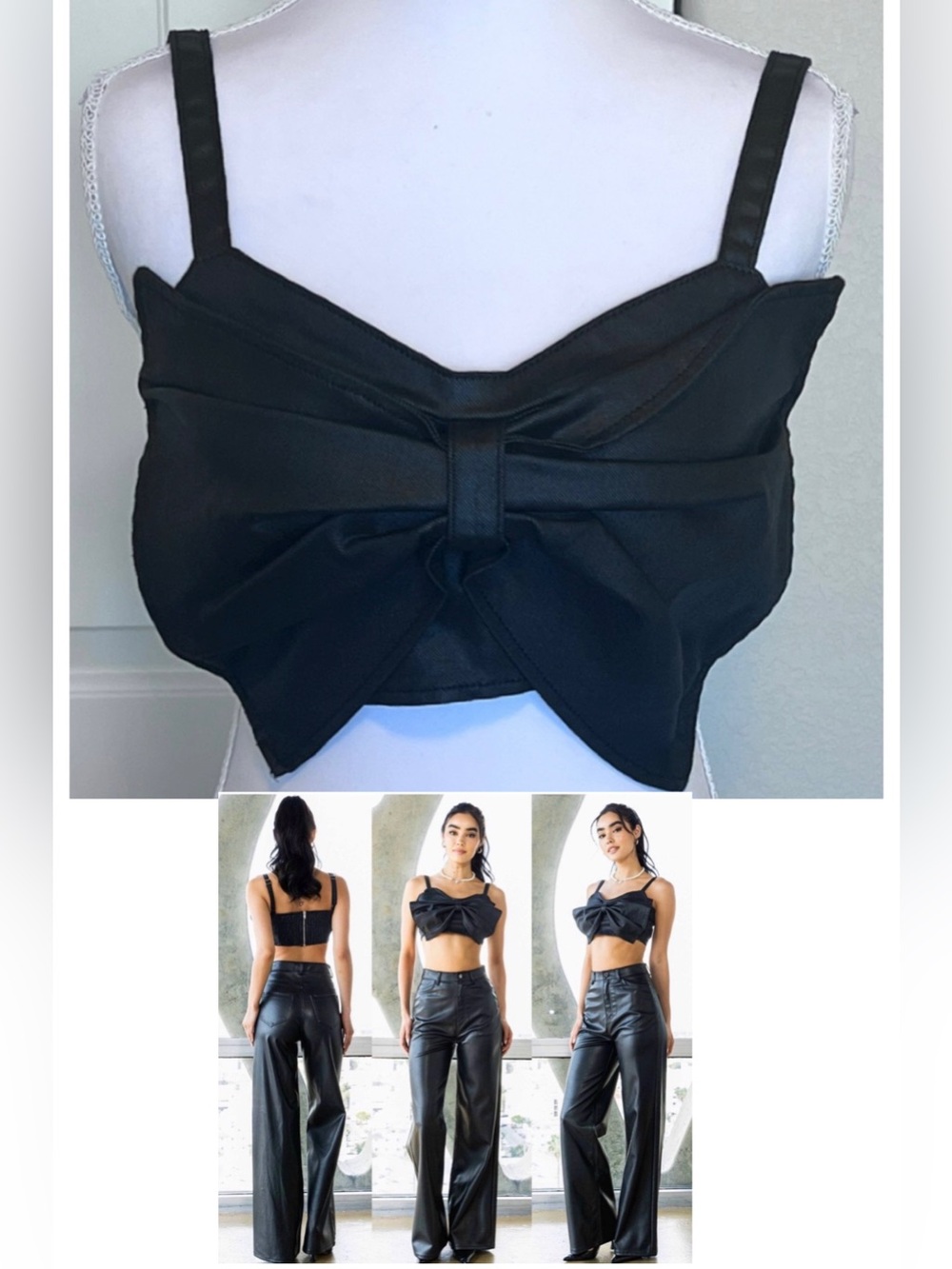 Bow Black Stretch Denim Bustier Top Zip Back Adjustable Straps NWT Sz Small VBRT